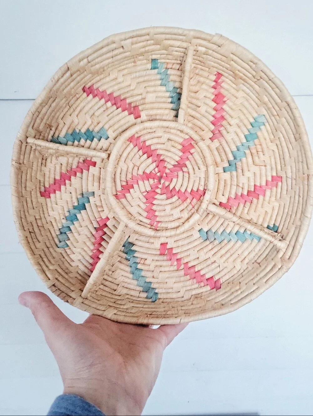 Vintage Boho Coiled Raffia Straw Sectional Basket ~ Chips & Dip Basket/ Decor